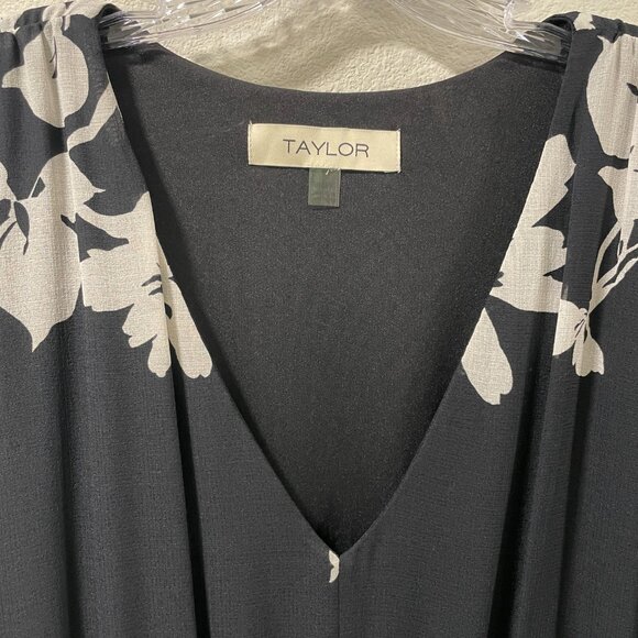 TAYLOR NWT Sheer Lined Short Sleeve Peplum V-Neck Maxi Dress Floral Blk/Wht 18 - Picture 8 of 12